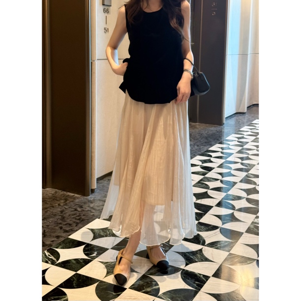 【Waltz】Meganle Lightweight Elastic Waist Irregular Hem Gauzy Long Skirt 2026094