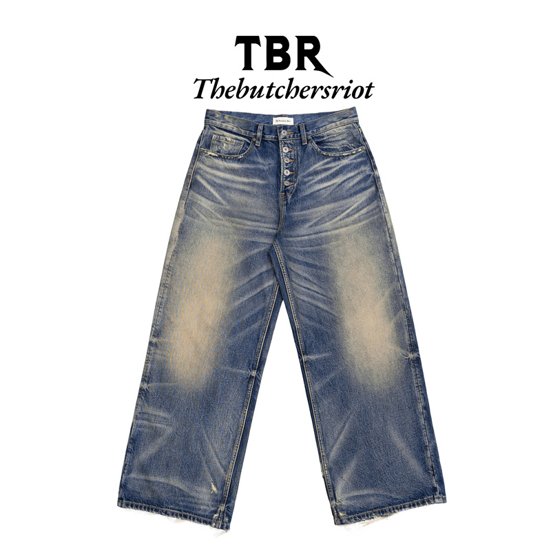 Tbr Vintage Storm Snowflake Mud-Dyed Cowhide Washed Distressed Five-Button Baggy Fit Jeans Tbr Vintage Storm Snowflake Mud-Dyed Cowhide Washed Distressed Five-Button Baggy Fit Jeans