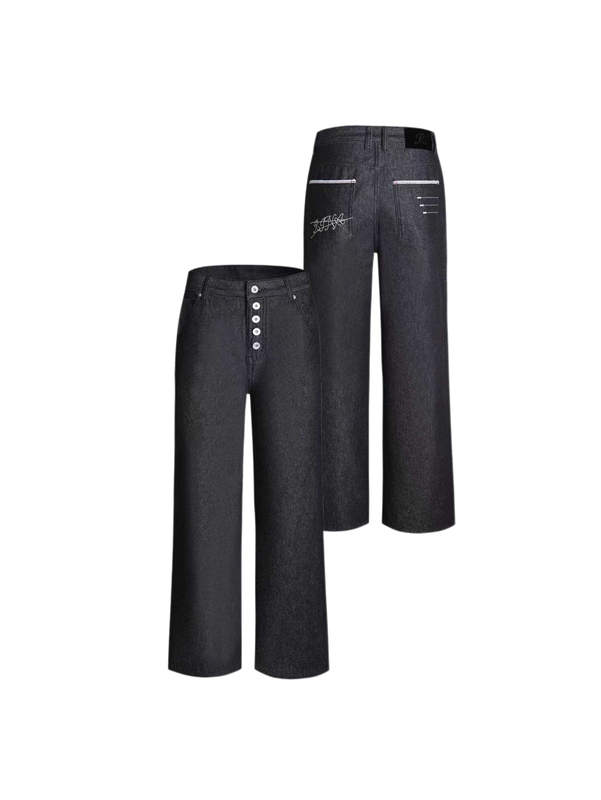 Roes Elegant “Visual Five-Link” Three-Line Embroidery Raw Denim Versatile Heavy Straight-Leg Unisex Jeans