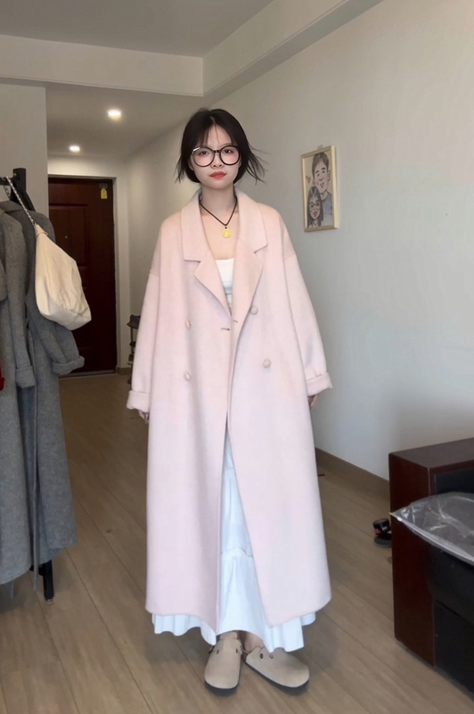 Huang Beibei/Casual Woolen Coat Double-Sided Pink Wool Coat Lazy Korean Style Casual Women's Clothing 2220