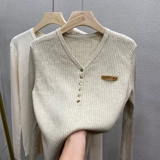 Трикотажный свитер, весенний осенний лонгслив, V-образный вырез, премиум класс, облегающий крой