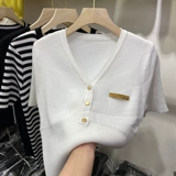 Трикотажный свитер, летняя дизайнерская тонкая шелковая футболка с коротким рукавом, V-образный вырез, тренд сезона