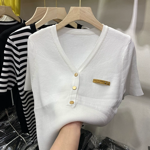 Трикотажный свитер, летняя дизайнерская тонкая шелковая футболка с коротким рукавом, V-образный вырез, тренд сезона