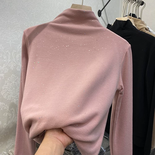 Двусторонное бархатное базовое приятное телу демисезонное звездное небо, утепленная удерживающая тепло футболка, высокий воротник, в западном стиле