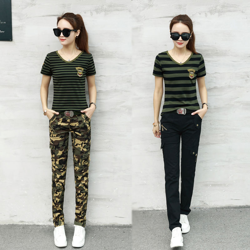 Outdoor new camouflage suit women's summer fashion military uniform casual large size women's T-shirt camouflage slim trousers two-piece set