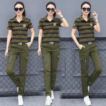 Outdoor summer new camouflage suit womens stand collar slim cotton short sleeve fashion military trousers two-piece set