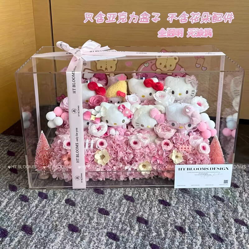 Acrylic Display Box with Eternal Flower Kitty Doll, Transparent and High-End, Gift for Girls' Birthday or Women's Day Decoration