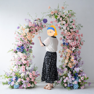 婚礼装饰牛角拱门花艺 莫奈风格简易安装橱窗布置活动仪式仿真花