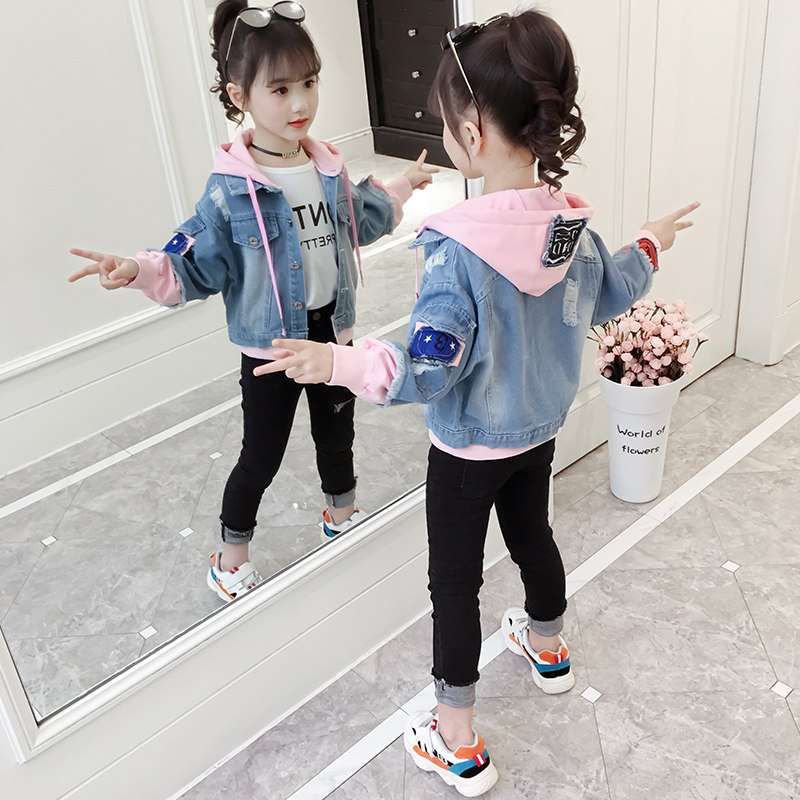 Girl Autumn Clothing Jacket 2021 New Internet Red Girl Han Version Long Sleeve Blouse Children Foreign Pie Hat Denim Jacket