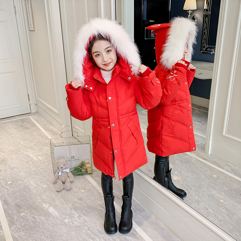 Children's warm coat 2023 winter new plus thickening cotton clothing in the big children's red fashion rabbit tide