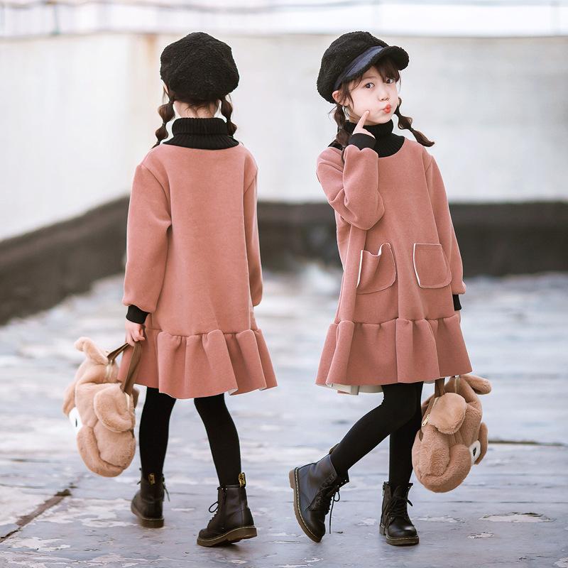 Girls' dresses for autumn and winter children's Korean version plus velvet and thick Western style skirts
