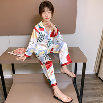 Girl ice silk sleepwear suit 2022 new childrens spring clothing Han version of the Korean version of the ocean long sleeve big boys family home clothes