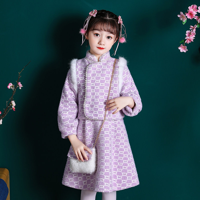 Girls autumn winter bangown dress in China wind clothes plus thickening children improved Han dress suit