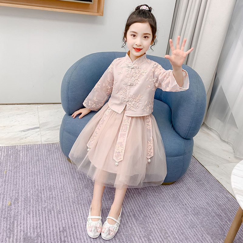 Han Fu Girl Autumn Clothing 2022 New Internet Red Girl Long Sleeve Mesh Yarn Tang Dress Children Super Fairy China Wind Suit Dress