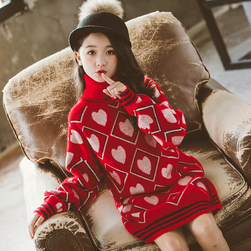 Girl's Tall-collar Sweater Dress to imitate mink dress in the Big Boy Autumn Winter New Year's Dress