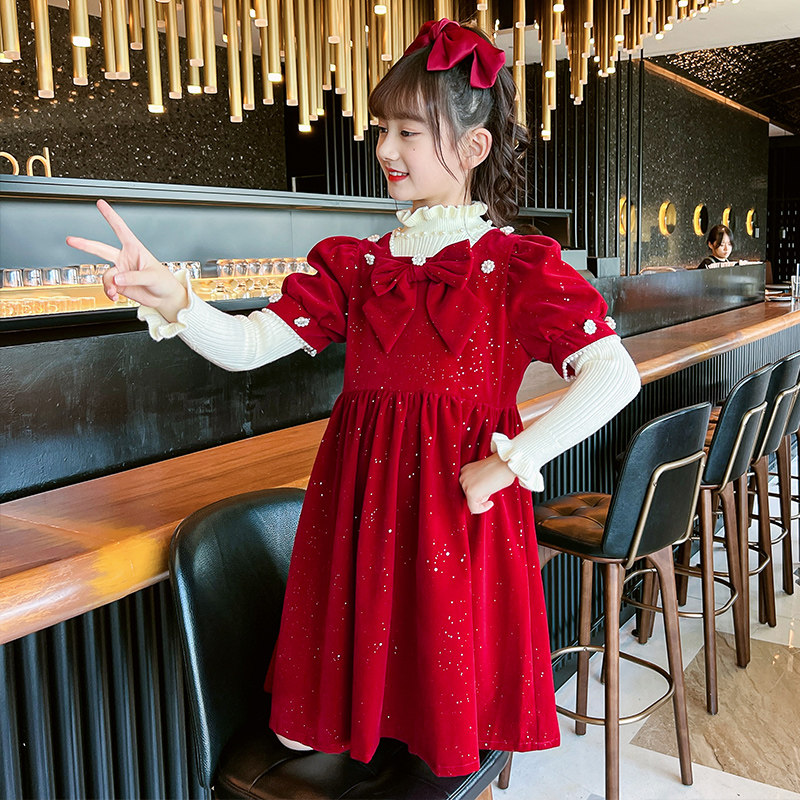 Girls Red Dress in Autumn Winter 2023 New Yellow Dress for Children's Dresses Girl Velvet Princess