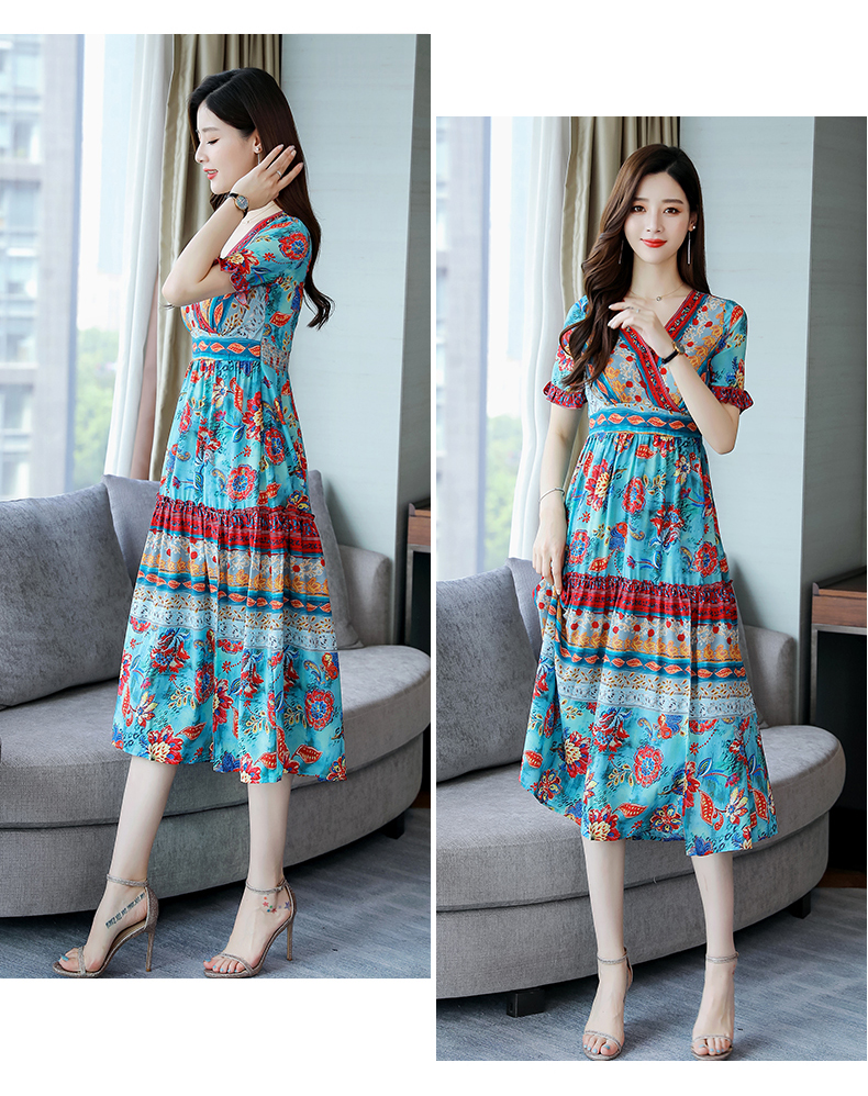 VK旗艦店 韓系印花雪紡時尚顯瘦民族風長版短袖洋裝