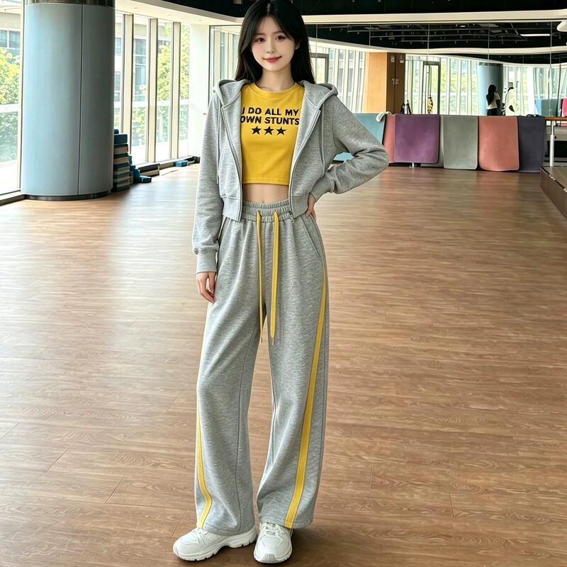 Korean-Style Casual Three-Piece Set for Women: Short Hooded Jacket, Letter T-Shirt, Side-Striped Wide-Leg Sweatpants Sports Suit