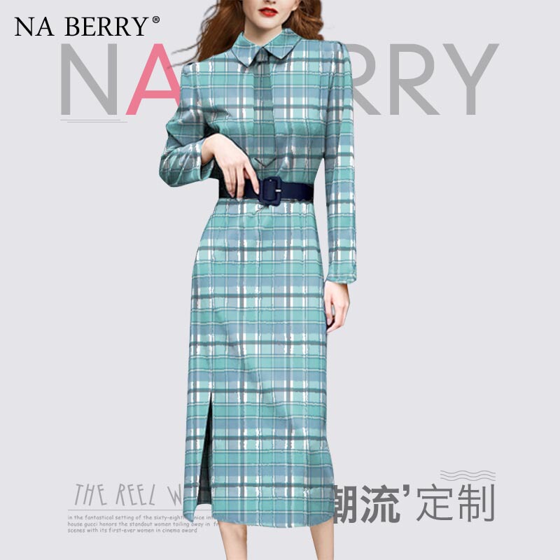 2026 Long-Sleeved Lapel Mid-Length Dress for Women, Spring and Autumn New Fashion Elegant Plaid Gentle Style Dress