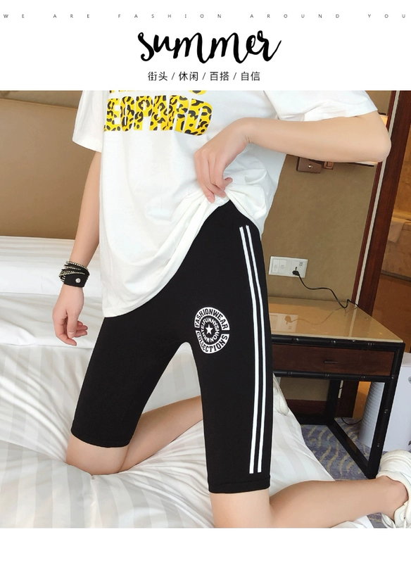 Quần legging in họa tiết 5 điểm nữ mặc quần lửng cạp cao bó sát quần bó sát liền mạch quần short yoga mùa hè - Quần tây thường