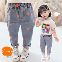 Little Girl Spring Autumn Casual Pants Korean Version Foreign Gas 1 Girl 100 Hitch Jeans Loose 2 Children Baby Long Pants Plus Suede