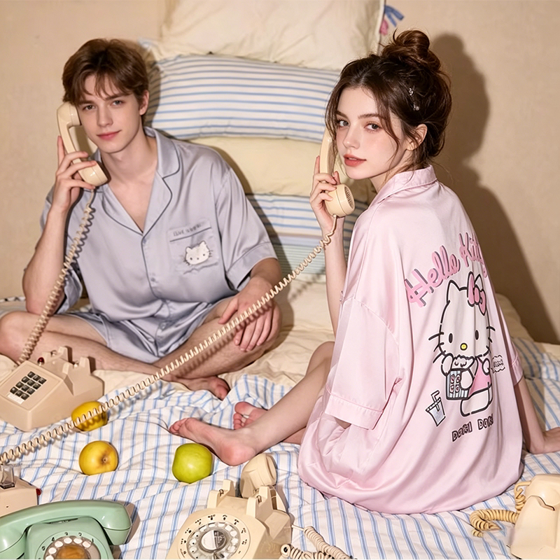 Spring and Summer New Couple Pajamas Hellokitty Summer Women's Anti-Static Silk Men's Home Wear Set Gift Box