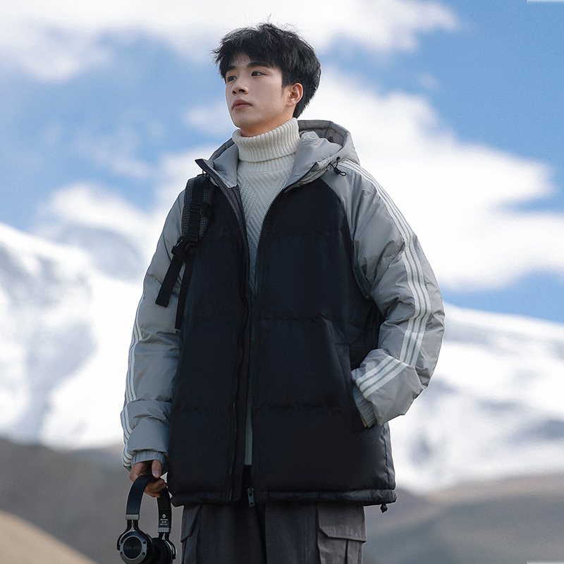Wolf Jees Color-Blocked Striped down Jacket for Men, New Winter Style, Hooded, Loose-Fitting, Thickened, Warm Puffer Coat Wolf Jees Color-Blocked Striped down Jacket for Men, New Winter Style, Hooded, Loose-Fitting, Thickened, Warm Puffer Coat