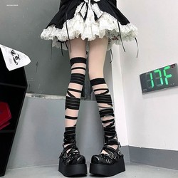 Japanese Lolita sweet bandage sexy white stockings over the knee cross strap lolita black dark lolita female