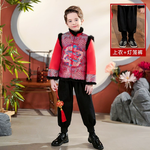 Детское демисезонное ханьфу для мальчиков, красное платье, праздничнный комплект, осенний сезон, увеличенная толщина