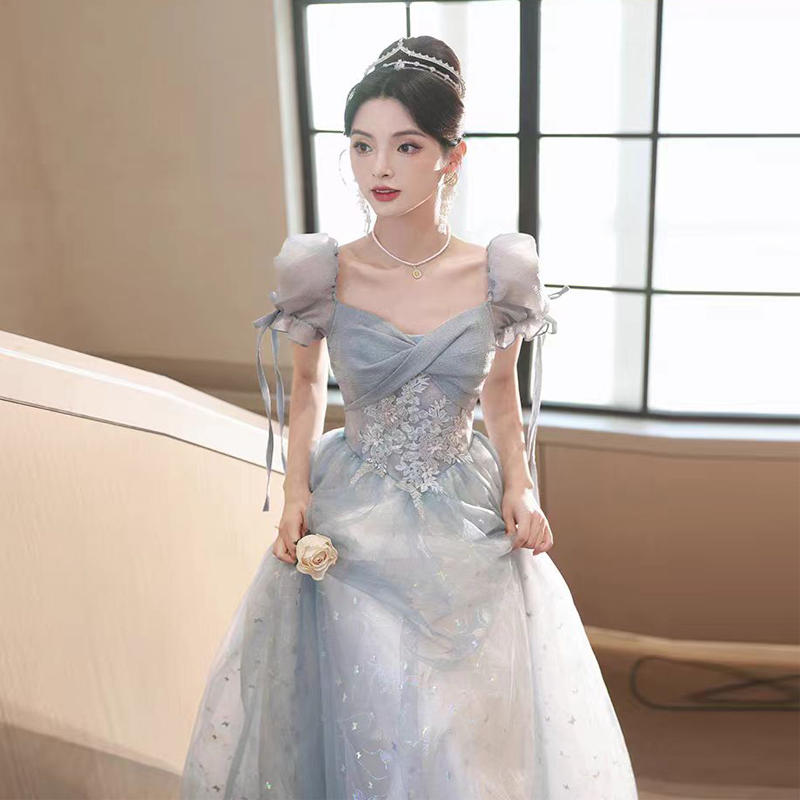Blue Evening Dress Banquet High-End Light Luxury Niche Fairy Dress Host Birthday Middle School Student Coming-Of-Age Ceremony Performance Costume