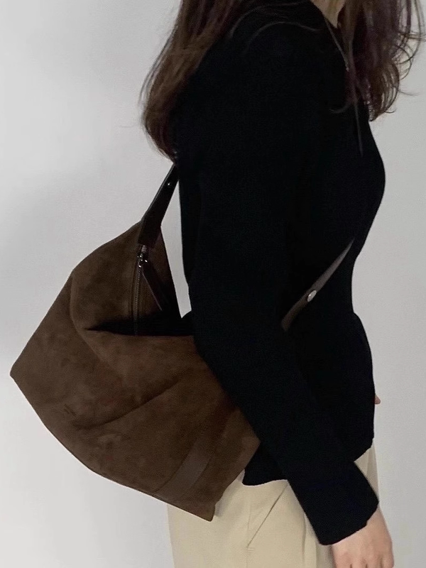 Korean 2025 Niche Design New Soft Leather Suede Urban Simple Versatile Large-Capacity Shoulder Crossbody Tote Bag