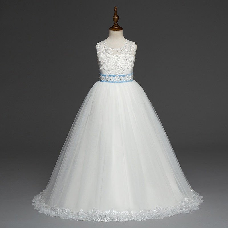 Children's dress girls trailing skirt evening dress princess long skirt autumn mid-autumn big children piano performance host white wedding dress