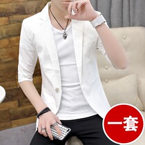 Half-sleeve seven-quarter sleeve suit mens jacket single piece casual cotton shirt thin linen suit white summer soil small