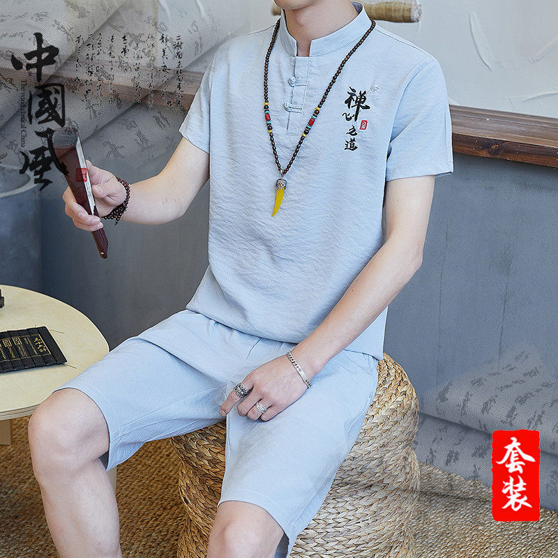 Tang suit male popular logo men's suit collocation handsome personality mature retro breathable Chinese wind ice silk summer suit