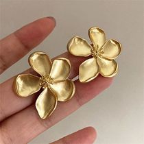 Gold Color Matte Texture Metal Flower Retro Earrings for