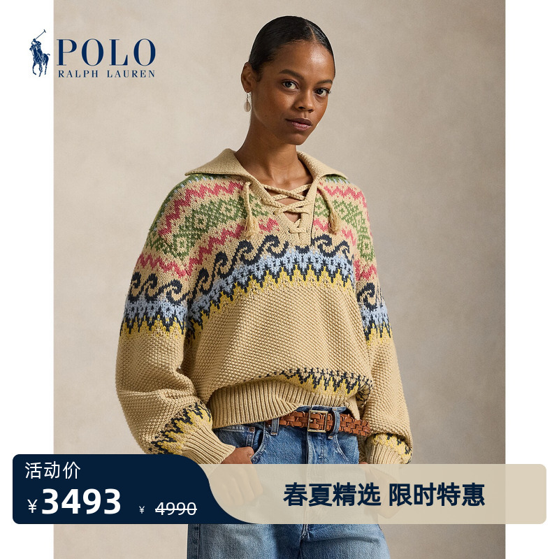 Ralph Lauren/Ralph Lauren Women's 2026 Early Spring Loose Fit Fair Isle Pattern Lace-Up Knit Sweater