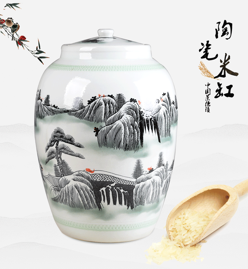 Jingdezhen ceramic barrel ricer box 50 kg/100 jins cylinder tank with cover meters tank cylinder seal storage tank