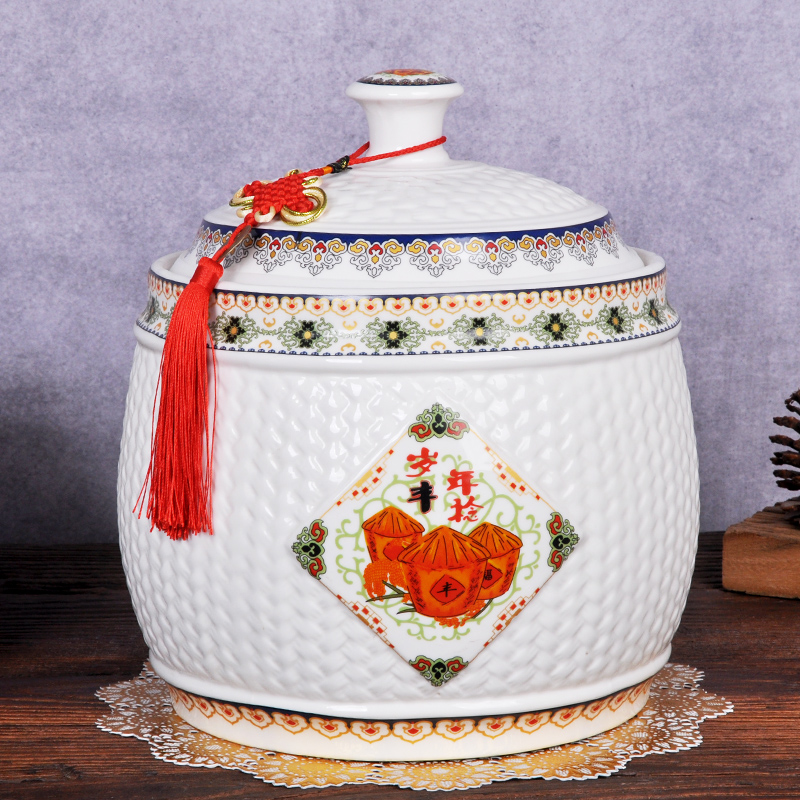 Ceramic barrel ricer box meter box of household kitchen storage cylinder tank with cover seal storage tank flour moisture