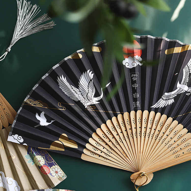 Rose Marine Cloud in the Crane China Fan Fan curling Yellow Spring and Summer Ancient Fan Prop Fan Fan