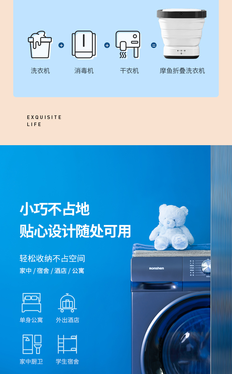 【中國直郵】摩魚 折疊洗衣機 小型便攜式內褲清洗機 XPB08-F2G 洗烘一體可瀝水款 灰白色 美規款