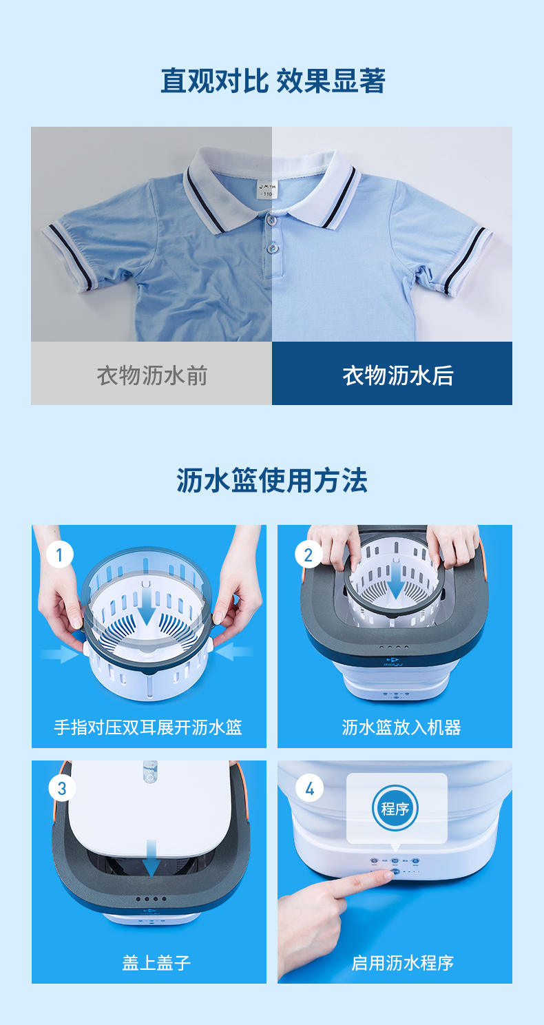 【中國直郵】摩魚 折疊洗衣機 小型便攜式內褲清洗機 XPB08-F2G 洗烘一體可瀝水款 灰白色 美規款
