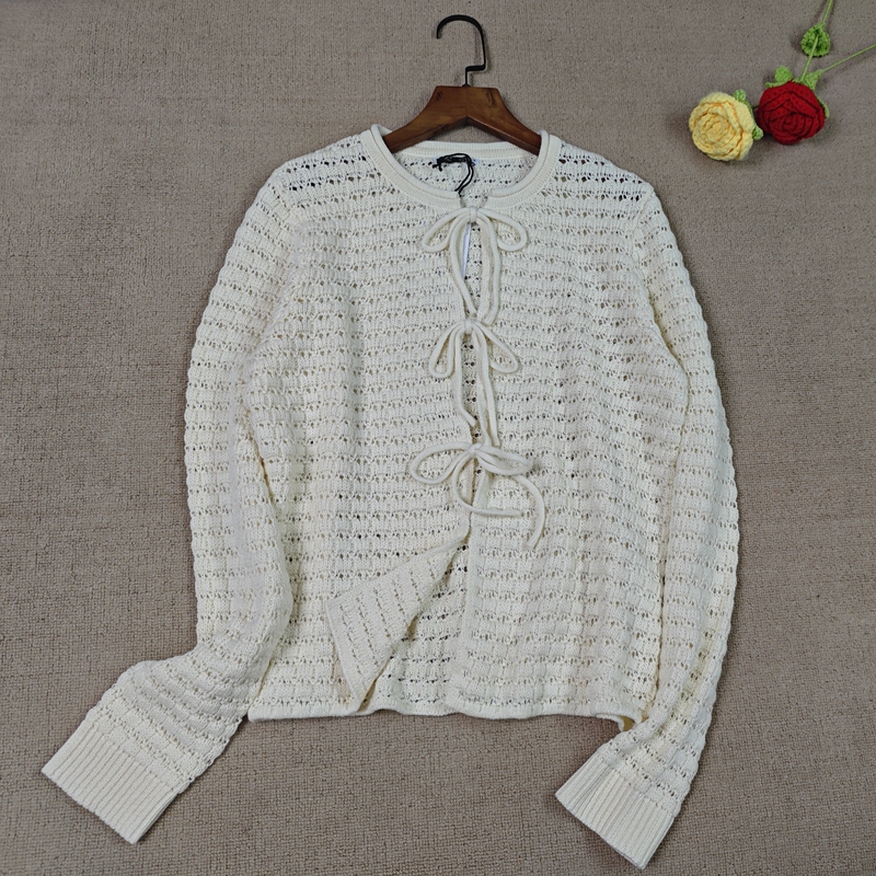 French-Style Elegant Knitted Cardigan for Women in Autumn, Pure Cotton, Round Neck, Long Sleeves, Hollow-Out Tie, Solid Color, Loose, Fashionable and Versatile Top