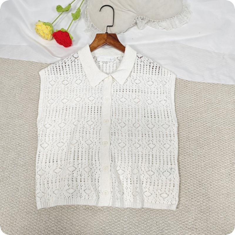 100% Cotton French Elegant White Collared Knitted Vest Summer Women's Single-Breasted Hollow-Out Tank Top Casual Versatile Top