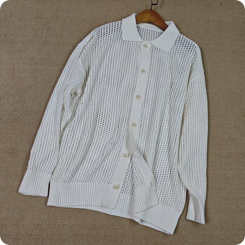 American Retro High-End Cotton Knit Shirt, Spring and Autumn Polo Collar Long-Sleeve Solid Color Cardigan with Hollow Crochet Pattern Top