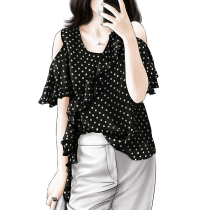 French age reduction sweet and salty romantic wave dot ruffle V-neck off-the-shoulder Chiffon top for women