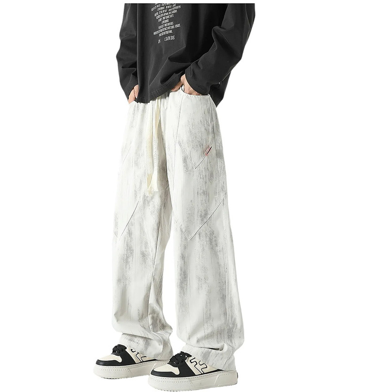 American Retro Trendy Patchwork Design Drawstring Tie-Dye Gradient Distressed Straight-Leg Plus-Size Casual Pants for Men and Women