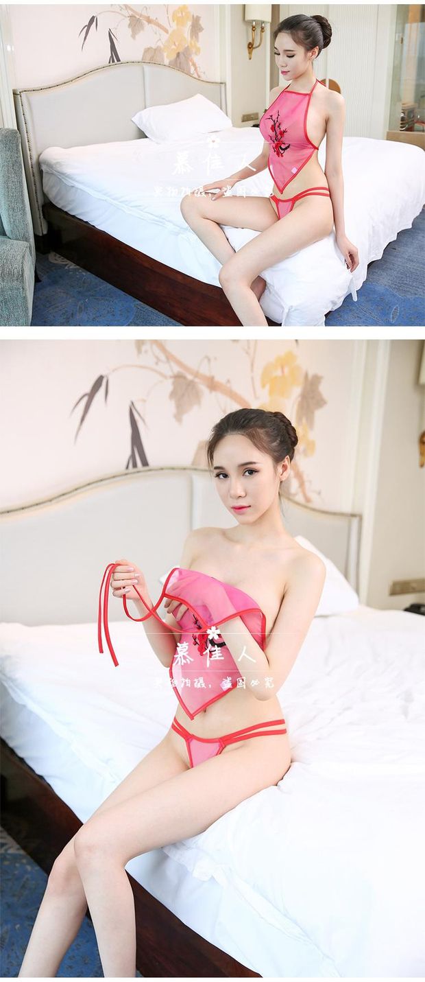 Mujia người mặc đồ ngủ nữ tính thêu đồ lót gợi cảm vô cùng quyến rũ cổ xưa trong suốt màu đỏ phù hợp với tạp dề Sao bộ lụa mặc nhà