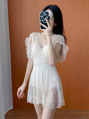 Swimwear female ins Net red fairy fan Korean belly thin student new 2021 conservative one-piece swimsuit woman