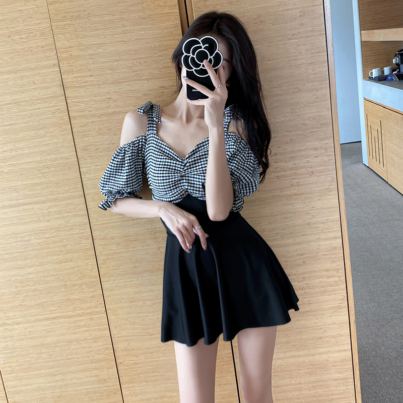 Swimsuit women's summer two-piece set 2021 new cover belly thin Korean ins sexy plaid conservative student hot spring