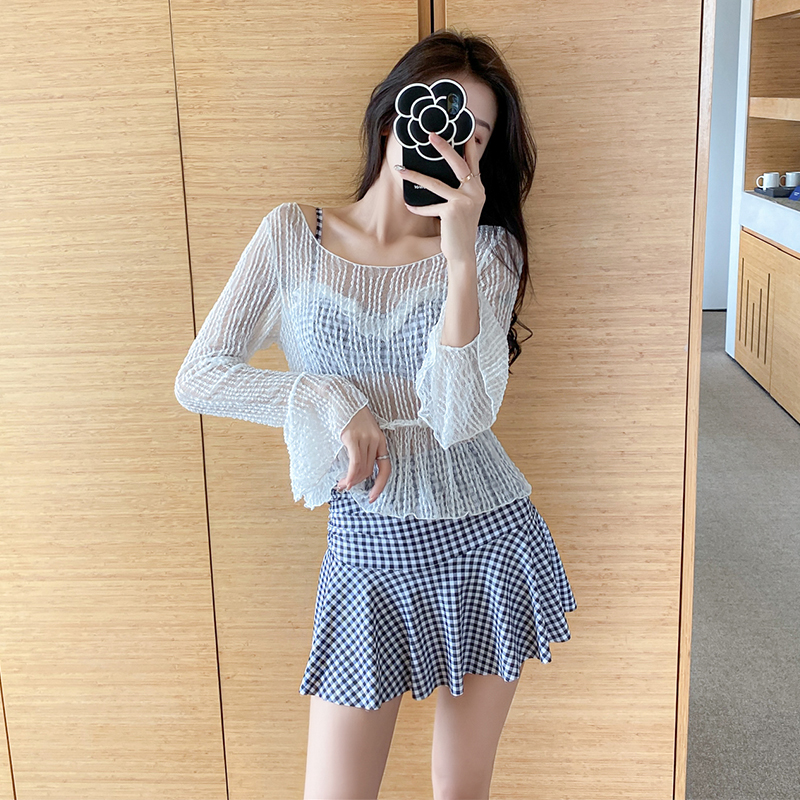 Hot spring swimsuit women's summer 2021 new pattern small fresh and conservative Korean ins small chest gathered to cover belly and look thin